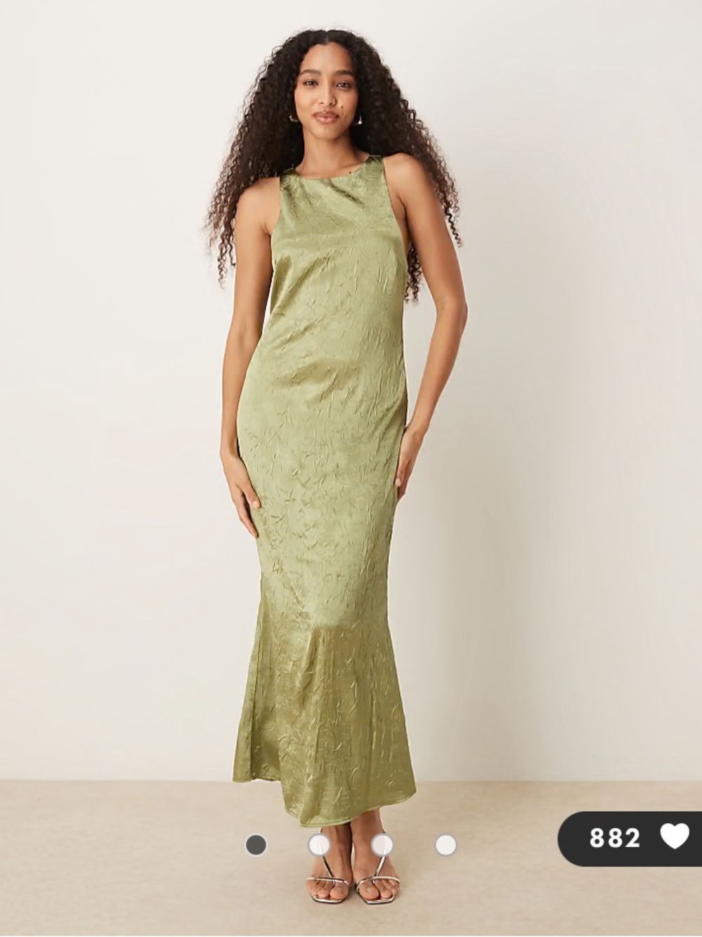 ASOS DESIGN racer twist back crinkle satin maxi dress in olive, size 6